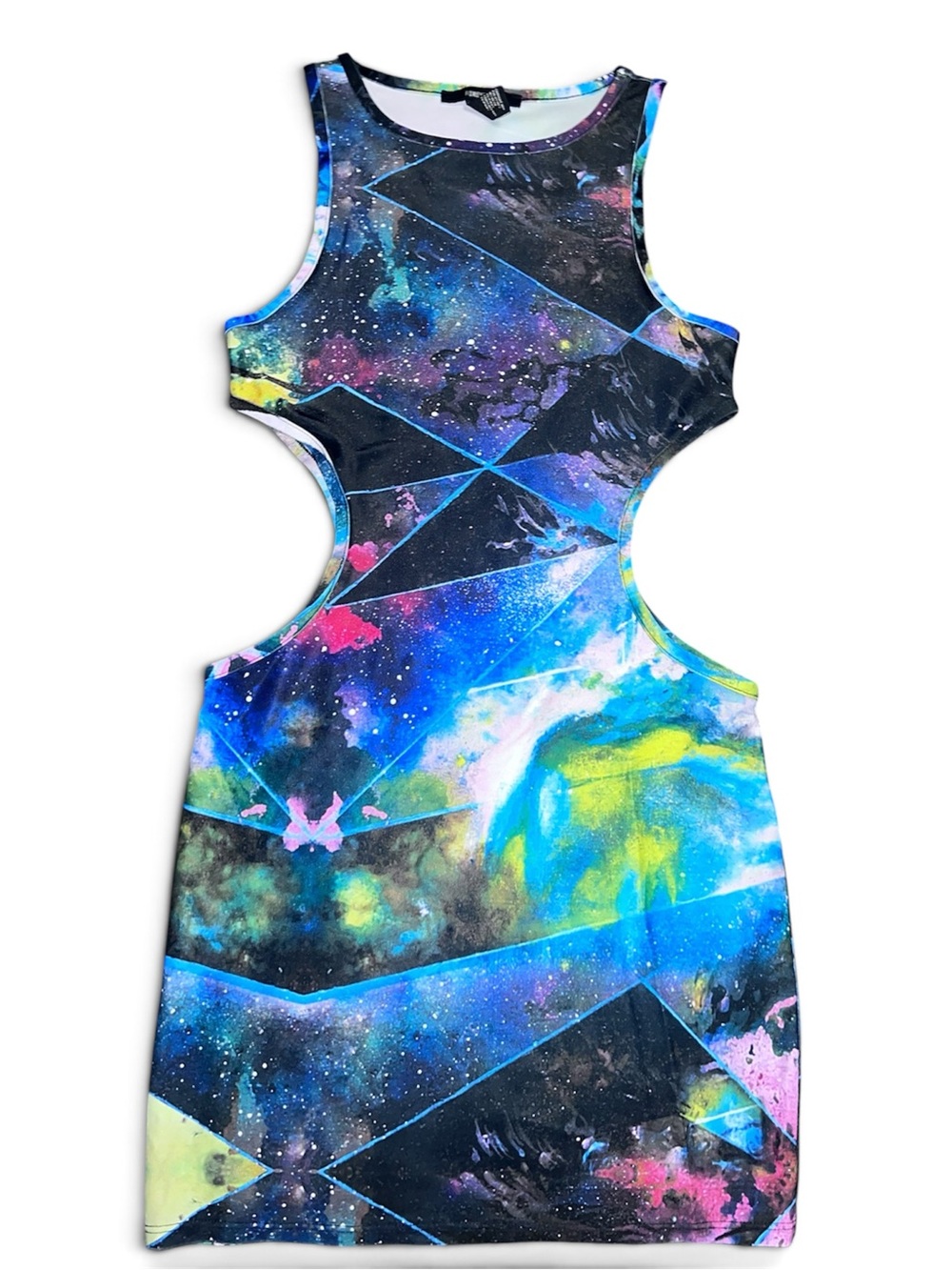 Forever 21 Galaxy Print Cutout One-Piece Dress - Blue, Black, Yellow, Pink